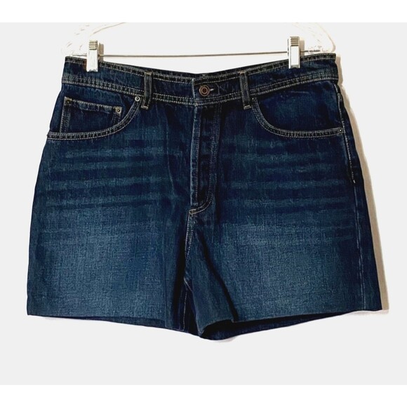 Massimo Dutti Denim Shorts 10 Blue Dark Wash Button Fly Faux Leather Pocket NWT - Picture 3 of 16